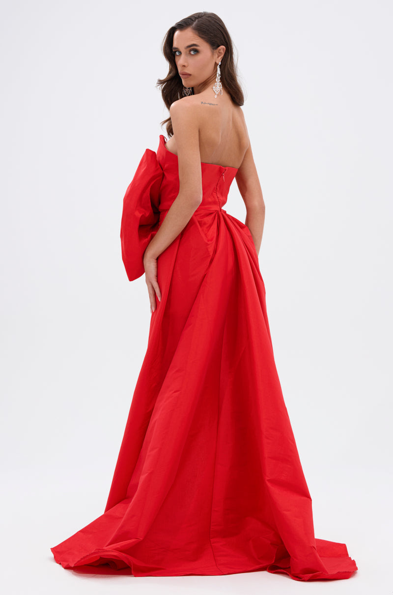 SHE IS THE MOMENT MINI DRESS WITH TRAIN IN RED