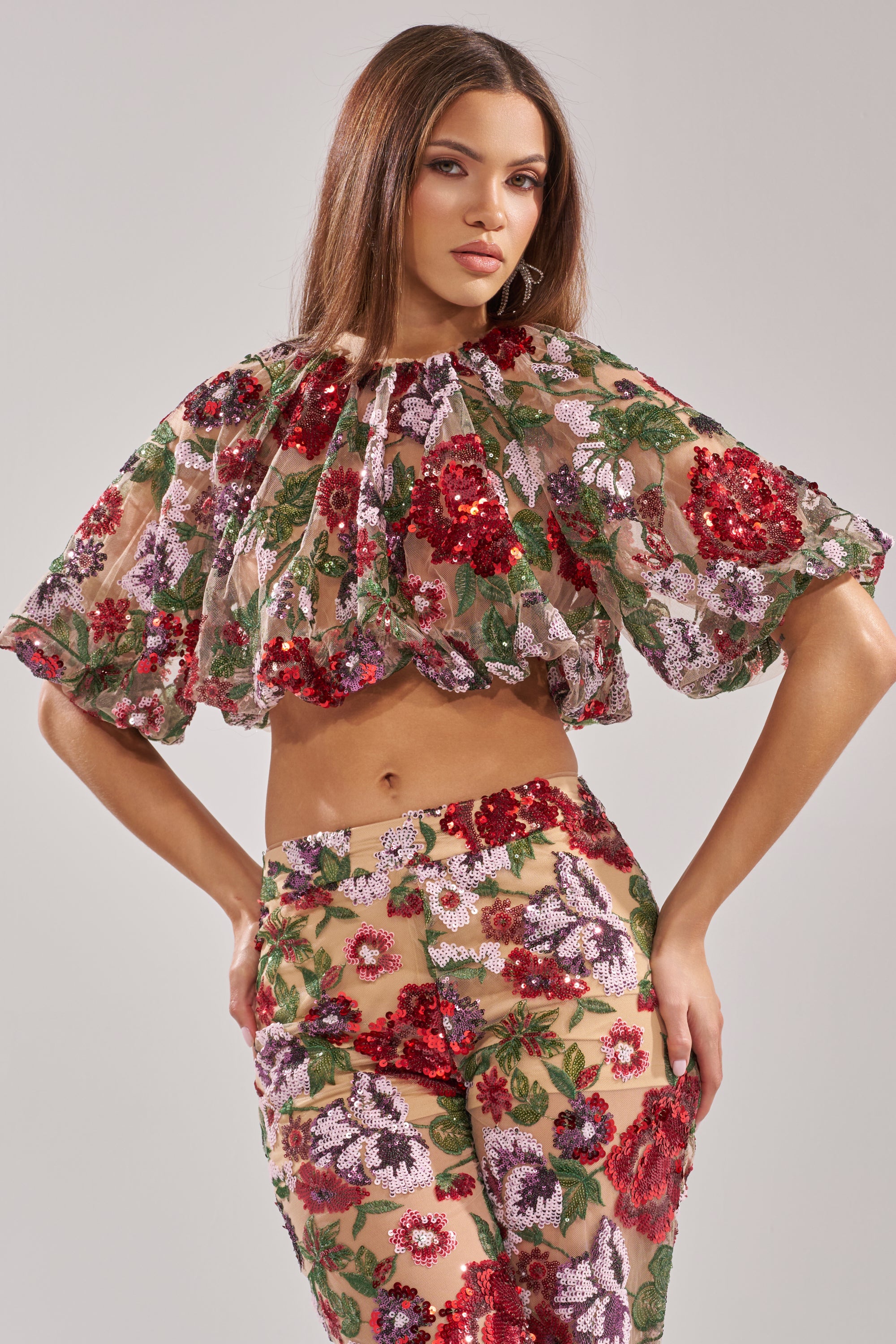ENCHANTED GARDEN FLORAL EMBROIDERED TULLE TOP