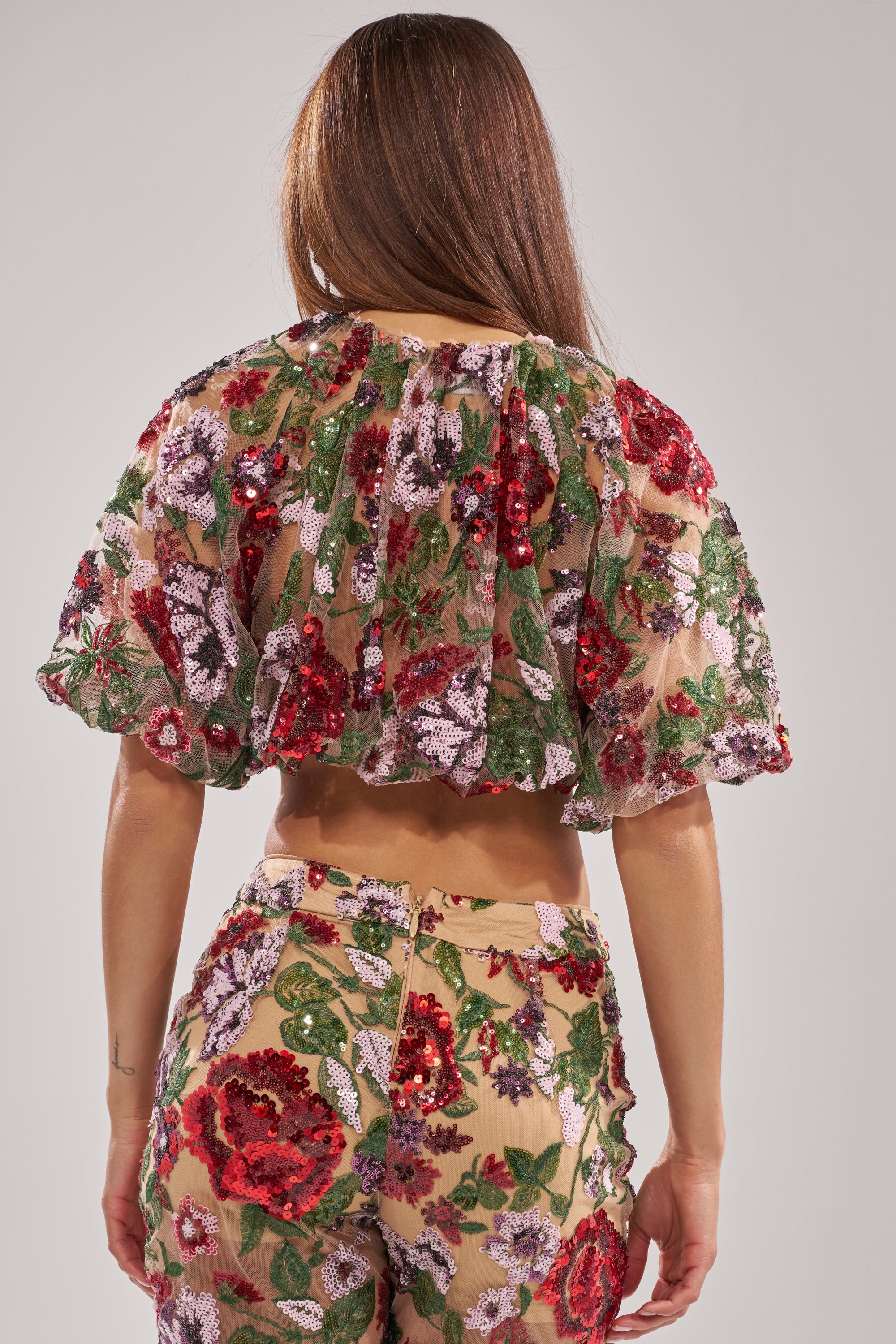 ENCHANTED GARDEN FLORAL EMBROIDERED TULLE TOP