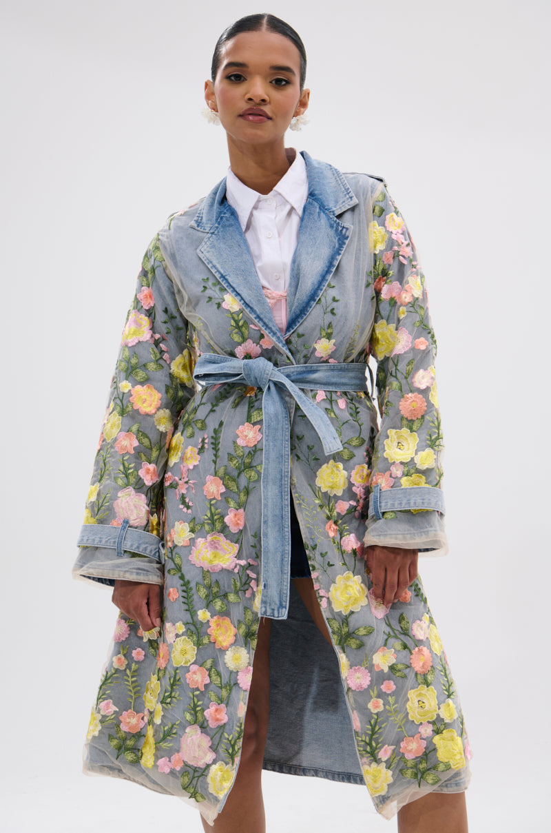 LIFE IN COLOR FLORAL DENIM TRENCH