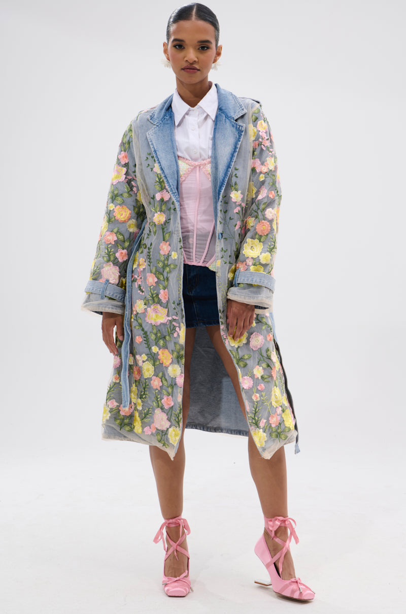 LIFE IN COLOR FLORAL DENIM TRENCH