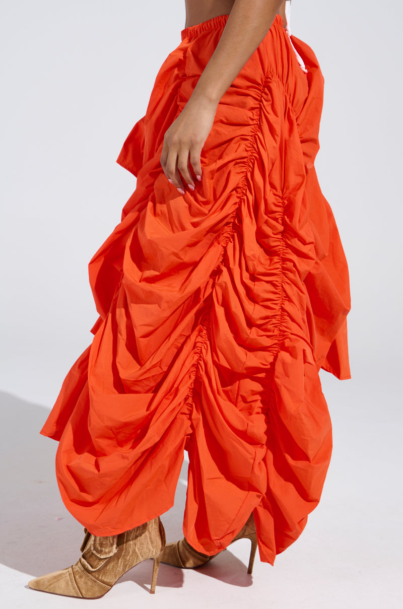 LETS CHANGE IT UP RUCHED MIDI SKIRT IN ORANGE