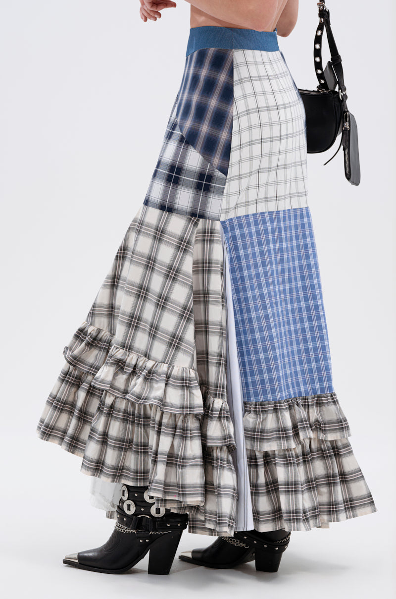 OUT OF ALIGNMENT PLAID MIDI SKIRT