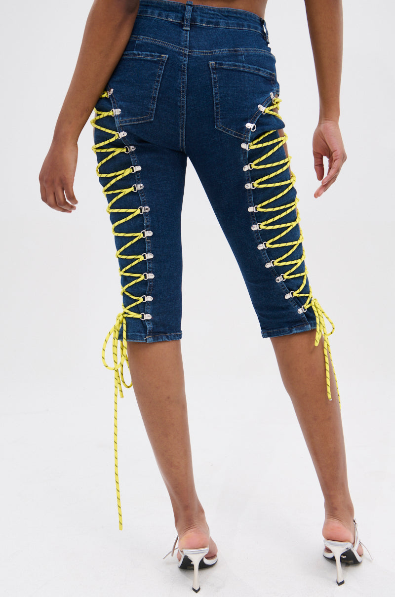 CUTE AS CAN BE LACE-UP DENIM CAPRI