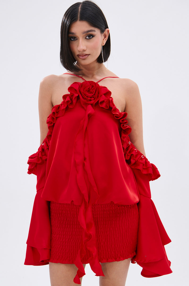 CHIC AF RUFFLE MINI DRESS IN RED