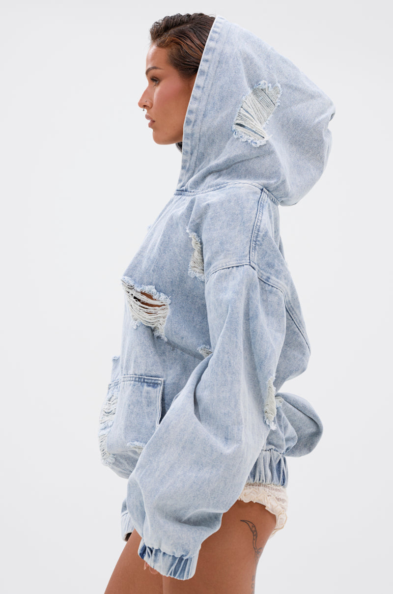 TRINITY DISTRESSED DENIM HOODIE