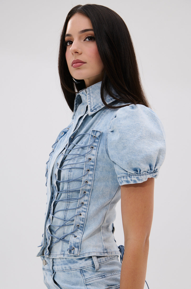 WAYS TO GO TIE DENIM BLOUSE