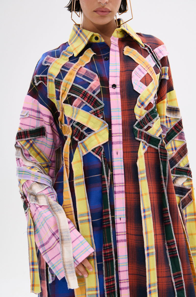 DONT EVEN MIXED PLAID LONG BUTTON DOWN