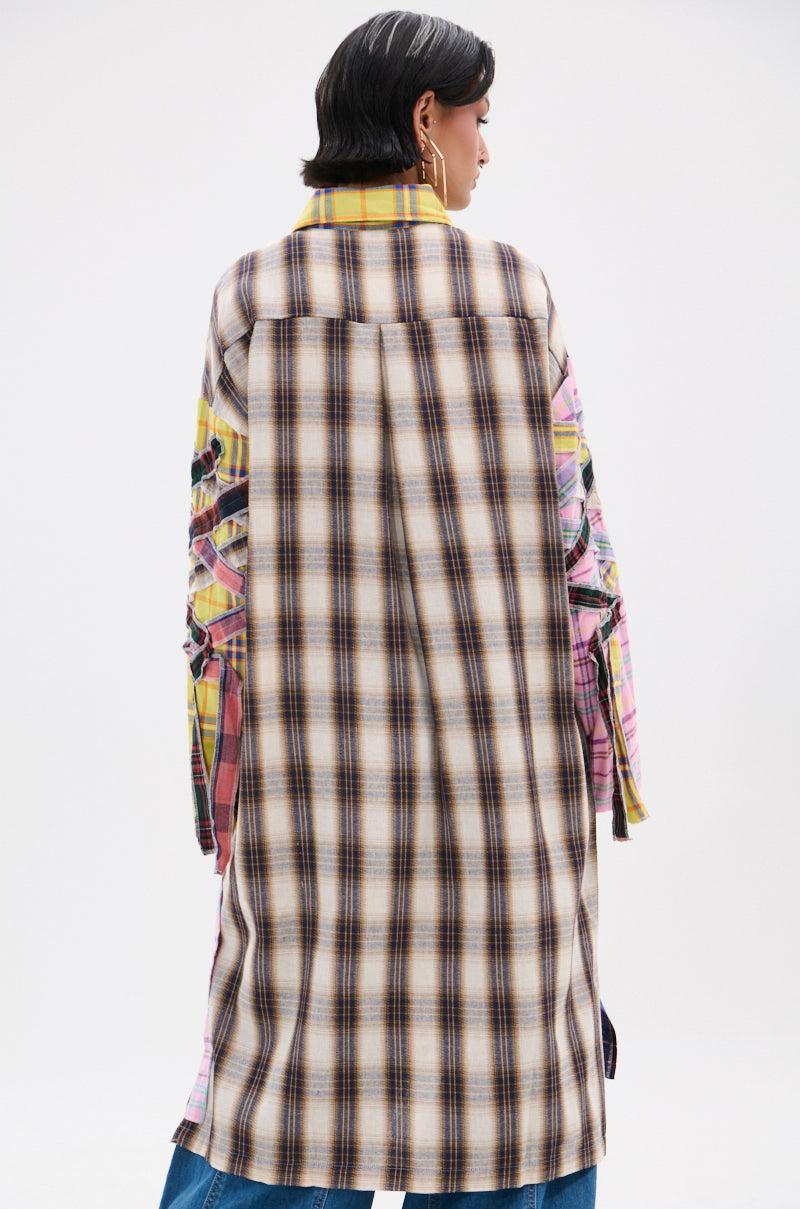 DONT EVEN MIXED PLAID LONG BUTTON DOWN