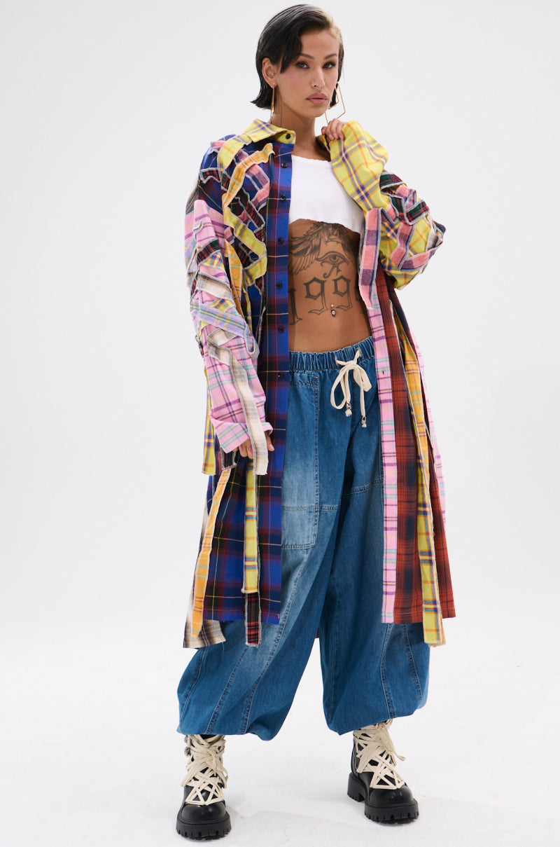 DONT EVEN MIXED PLAID LONG BUTTON DOWN