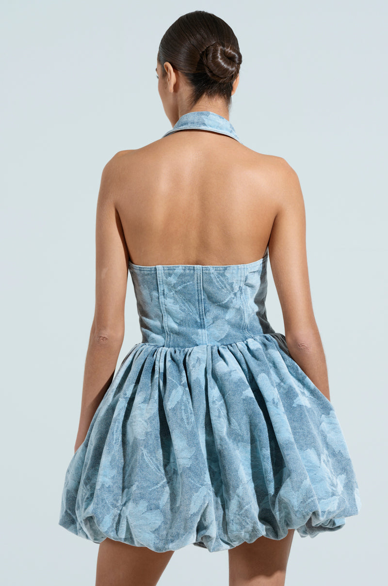 DAISY PRINTED DENIM MINI DRESS