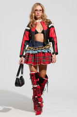 CALL ME BACK DENIM SKIRT WITH PLAID DETAIL