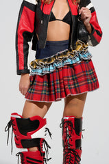 CALL ME BACK DENIM SKIRT WITH PLAID DETAIL