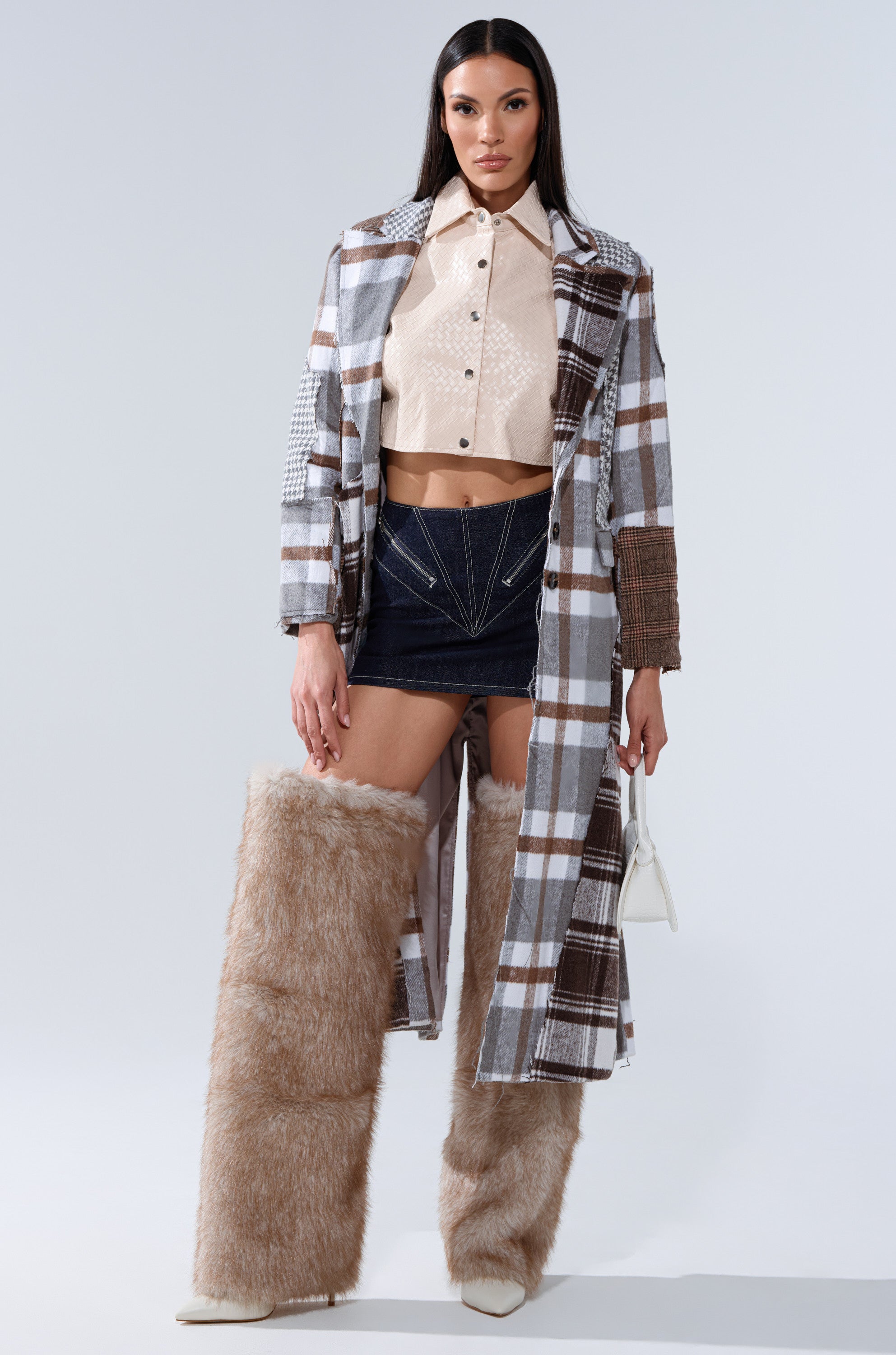 MIXED PLAID NOT FEELINGS PATCHWORK TRENCH