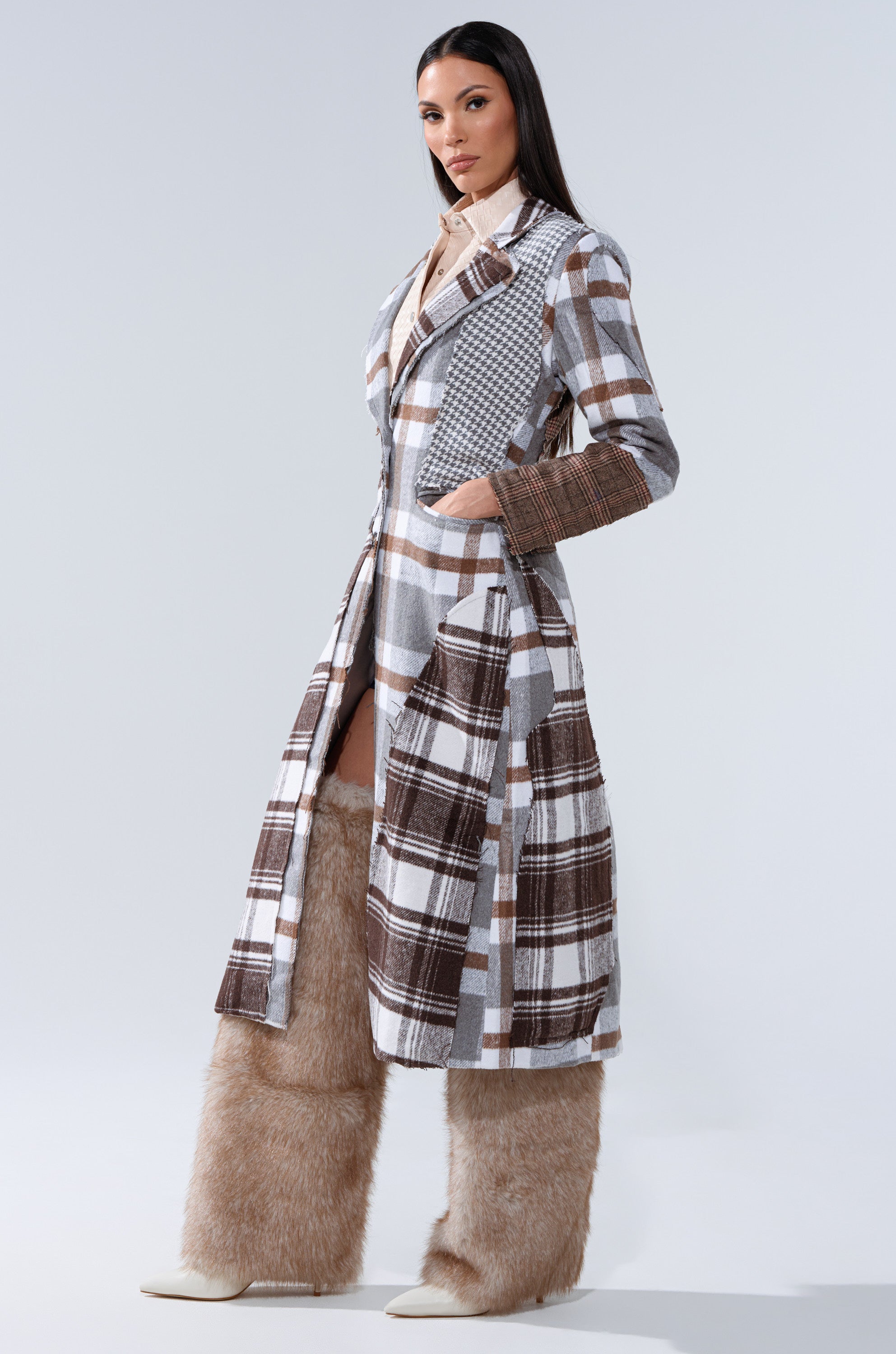 MIXED PLAID NOT FEELINGS PATCHWORK TRENCH
