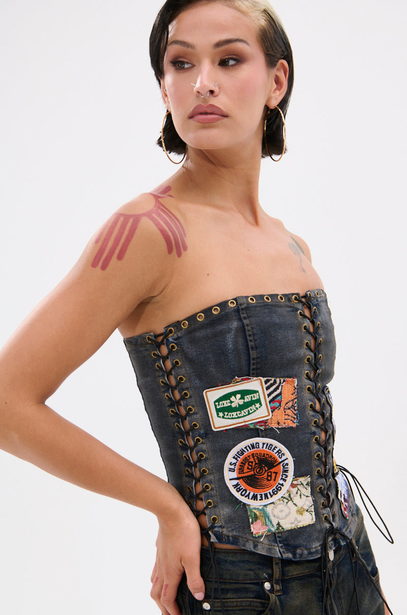 ARTS AND CRAFTS PATCH WORK DENIM CORSET