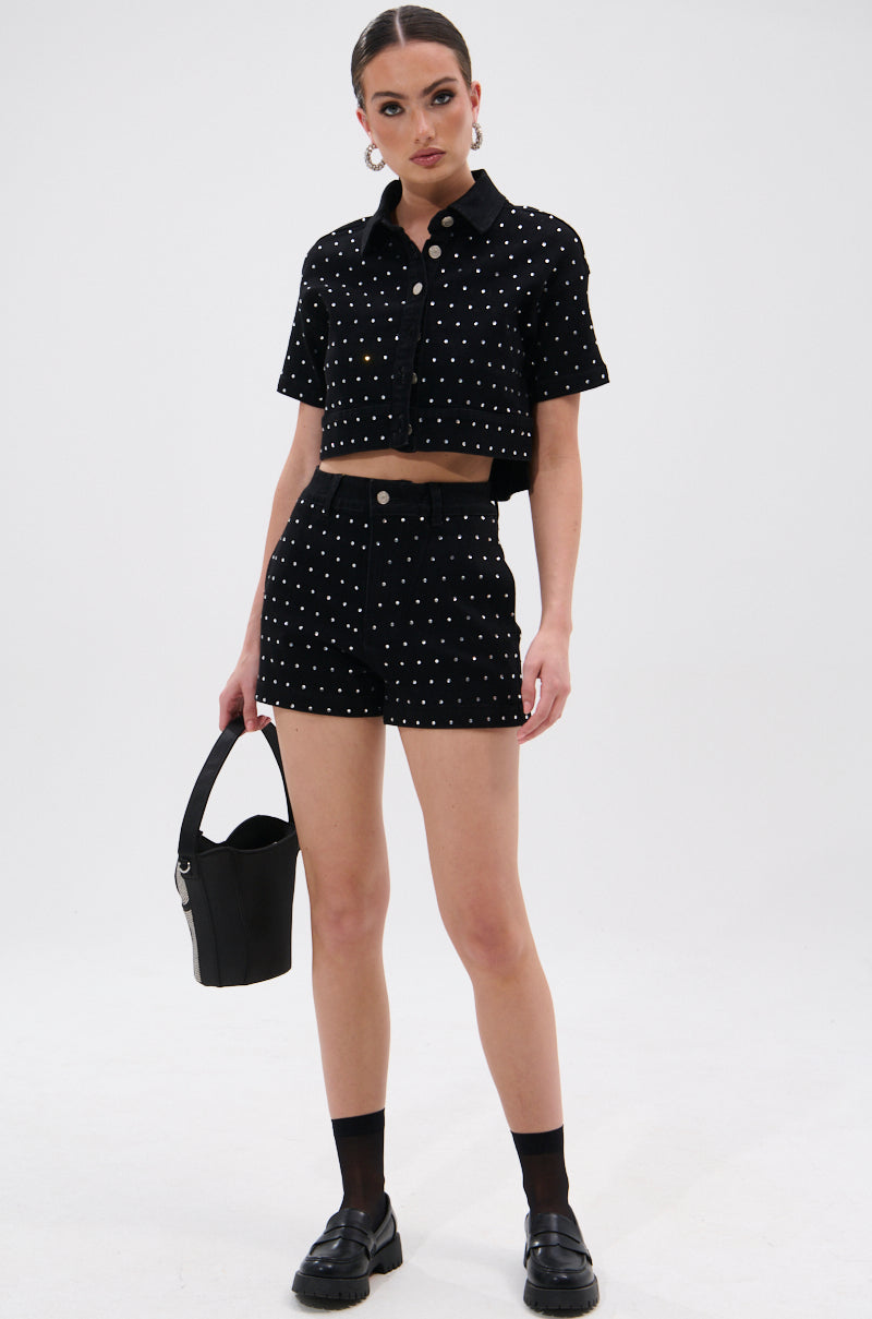 ITS GIVING DENIM RHINESTONE BUTTON DOWN