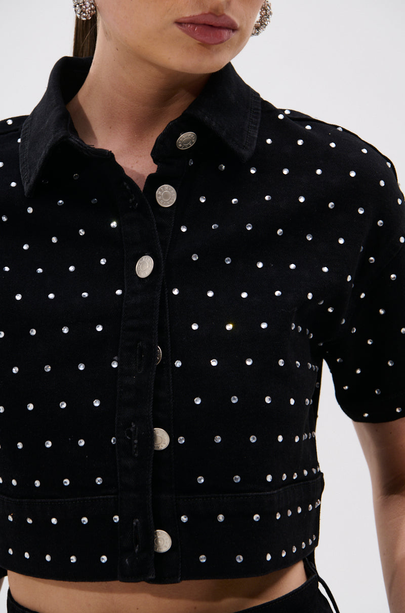 ITS GIVING DENIM RHINESTONE BUTTON DOWN