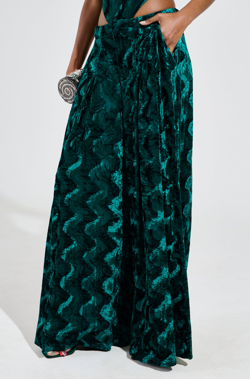 GREEN WITH ENVY VELVET WIDE LEG TROUSER