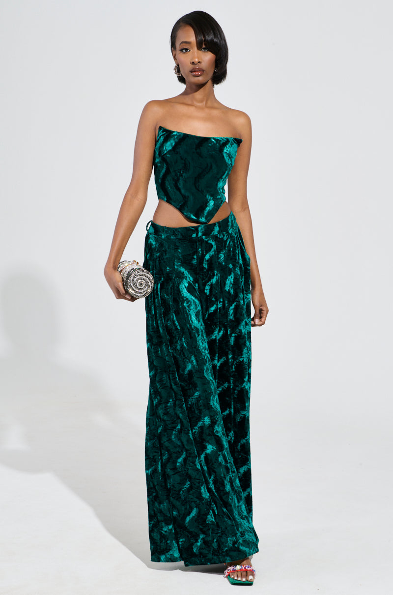 GREEN WITH ENVY VELVET WIDE LEG TROUSER