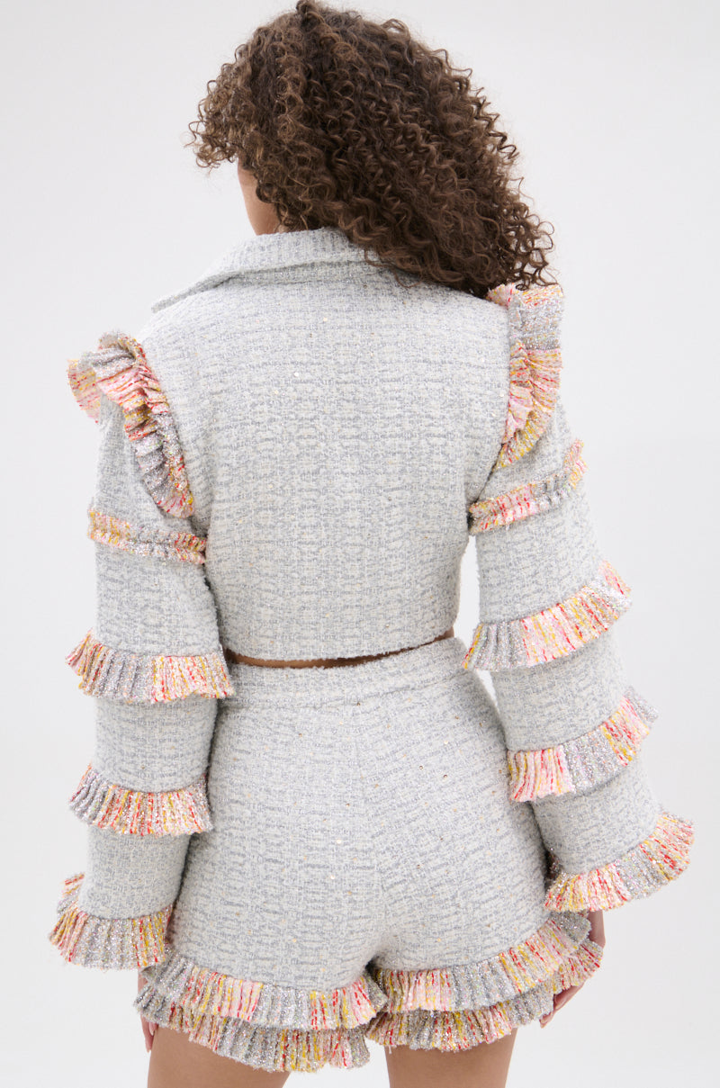 PHOEBE TWEED RUFFLE CROPPED BLAZER