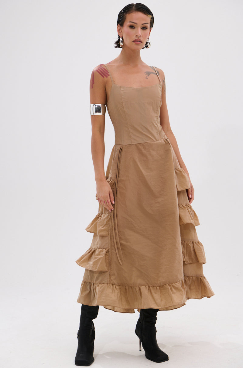 ADDED DRAMA RUFFLED MIDI DRESS IN KHAKI