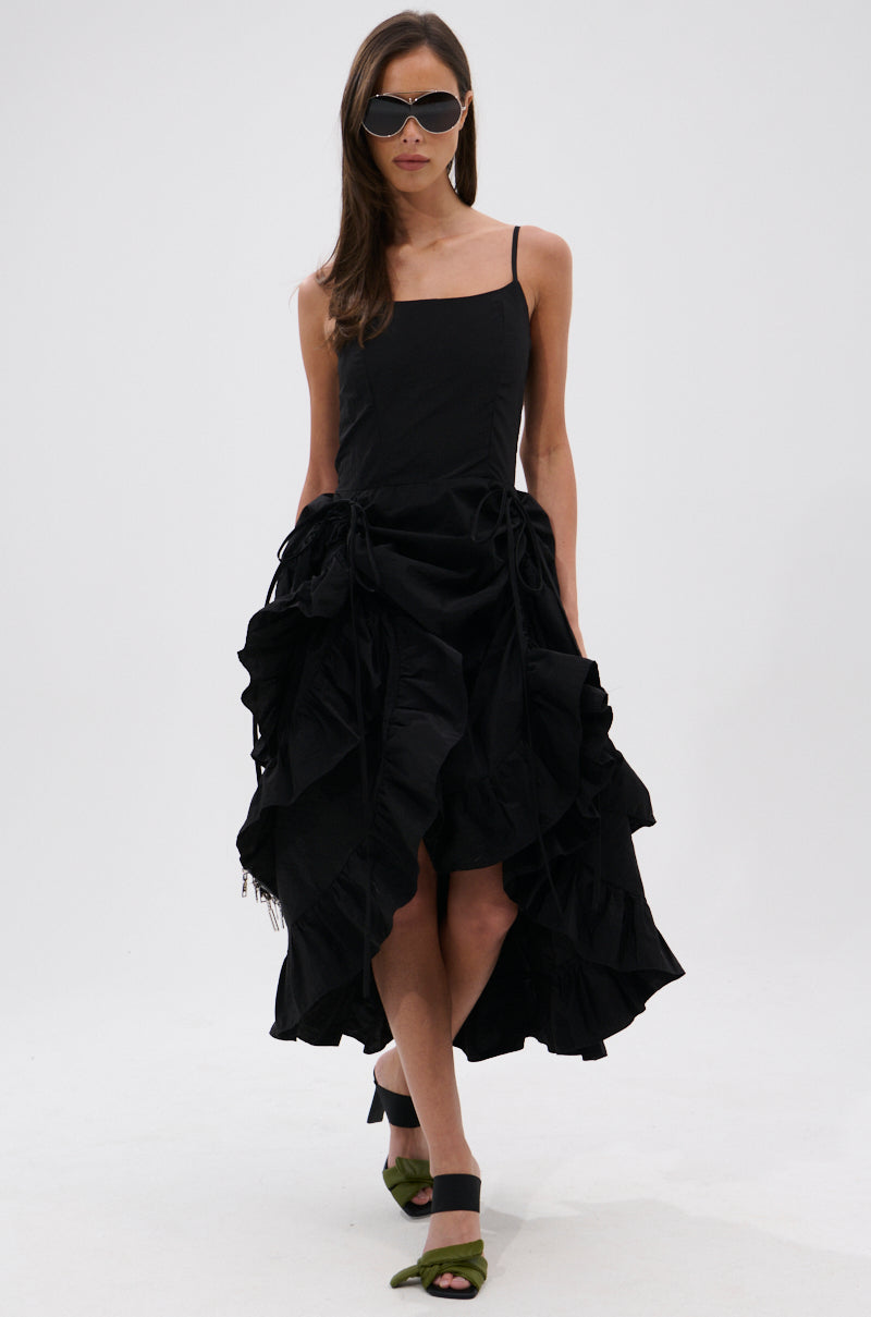 ADDED DRAMA RUFFLED MIDI DRESS IN BLACK