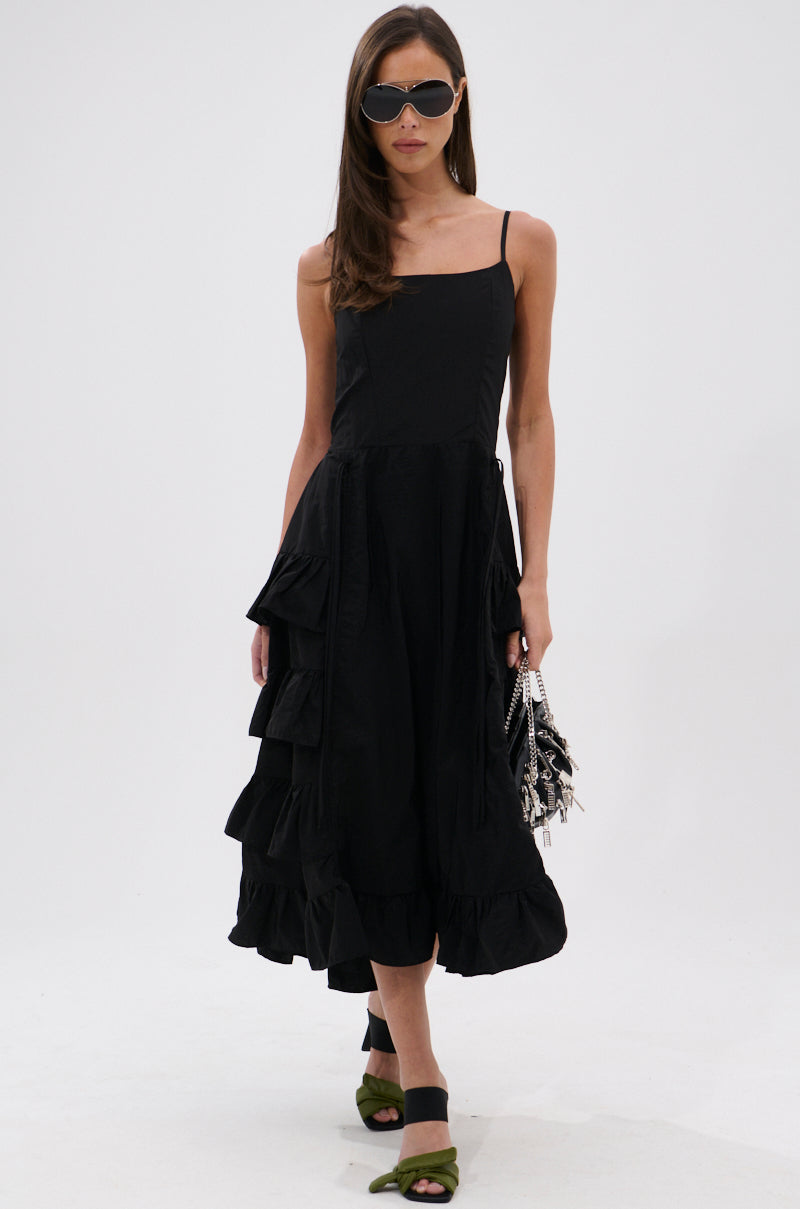 ADDED DRAMA RUFFLED MIDI DRESS IN BLACK
