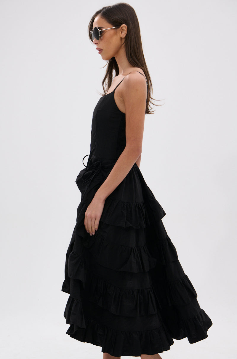 ADDED DRAMA RUFFLED MIDI DRESS IN BLACK