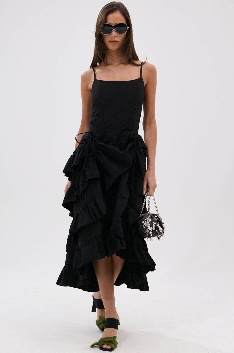 ADDED DRAMA RUFFLED MIDI DRESS IN BLACK