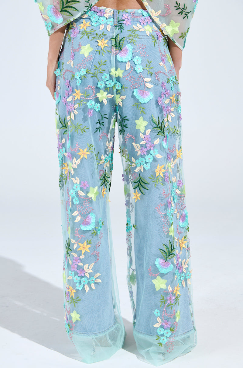 GARDENIA DENIM WITH FLORAL TULLE WIDE LEG JEANS