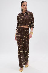 SNEAK PEEK STUDDED PU MIDI SKIRT IN BROWN
