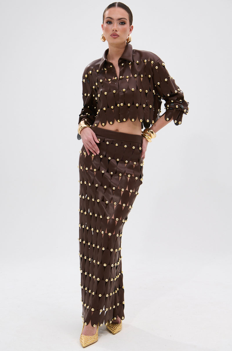 SNEAK PEEK STUDDED PU CROP CARDIGAN IN BROWN