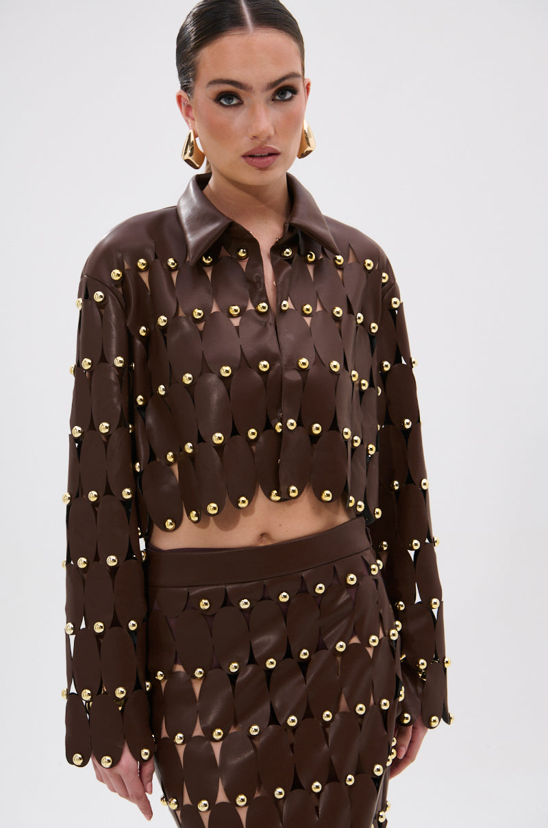 SNEAK PEEK STUDDED PU CROP CARDIGAN IN BROWN