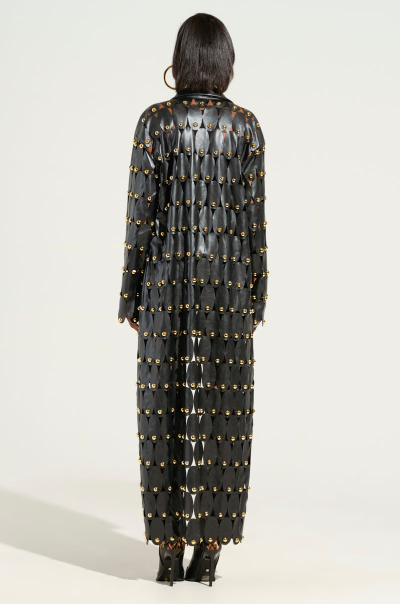 THE SNEAK PEEK STUDDED PU LONG CARDIGAN IN BLACK