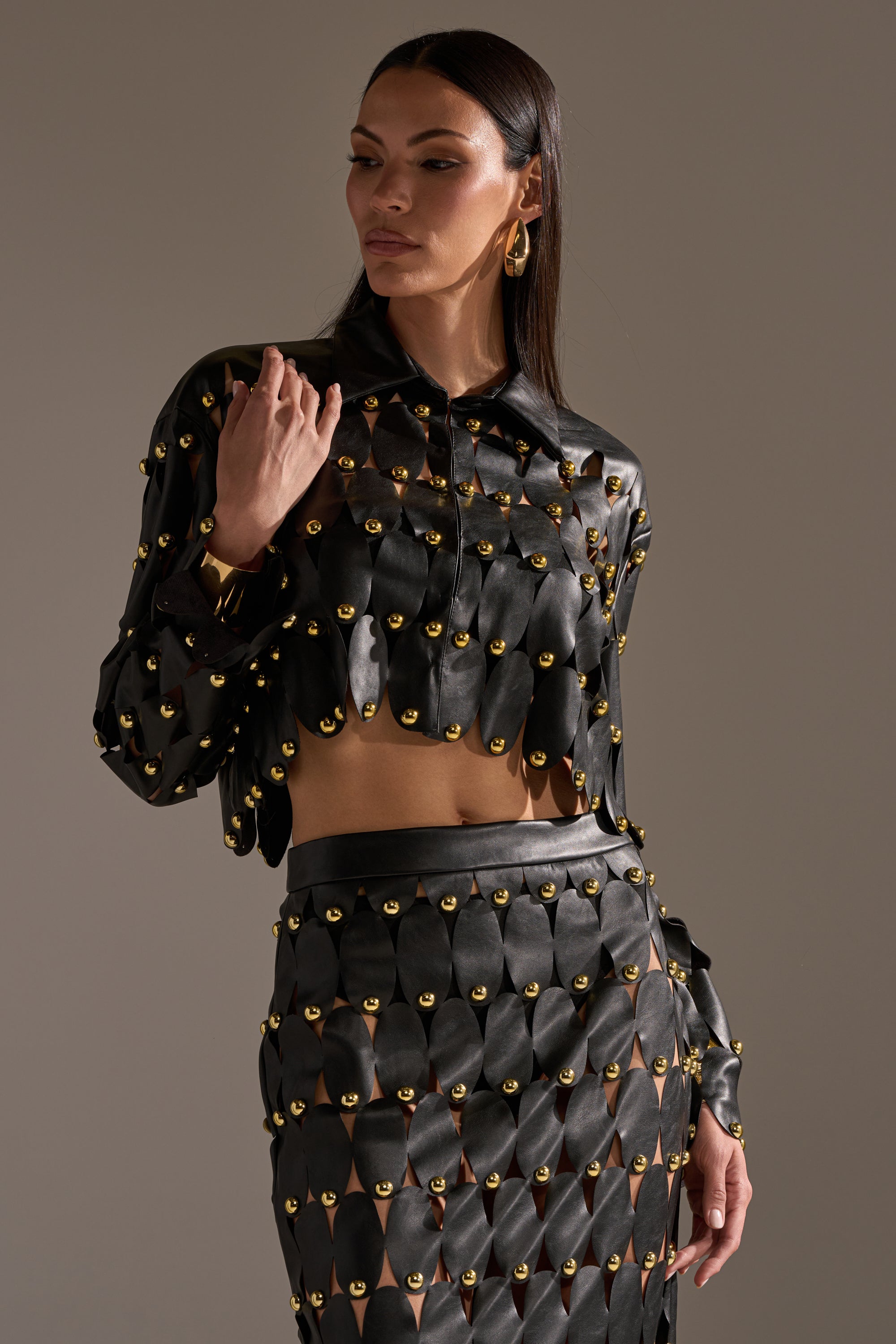 THE SNEAK PEEK STUDDED PU BLOUSE IN BLACK