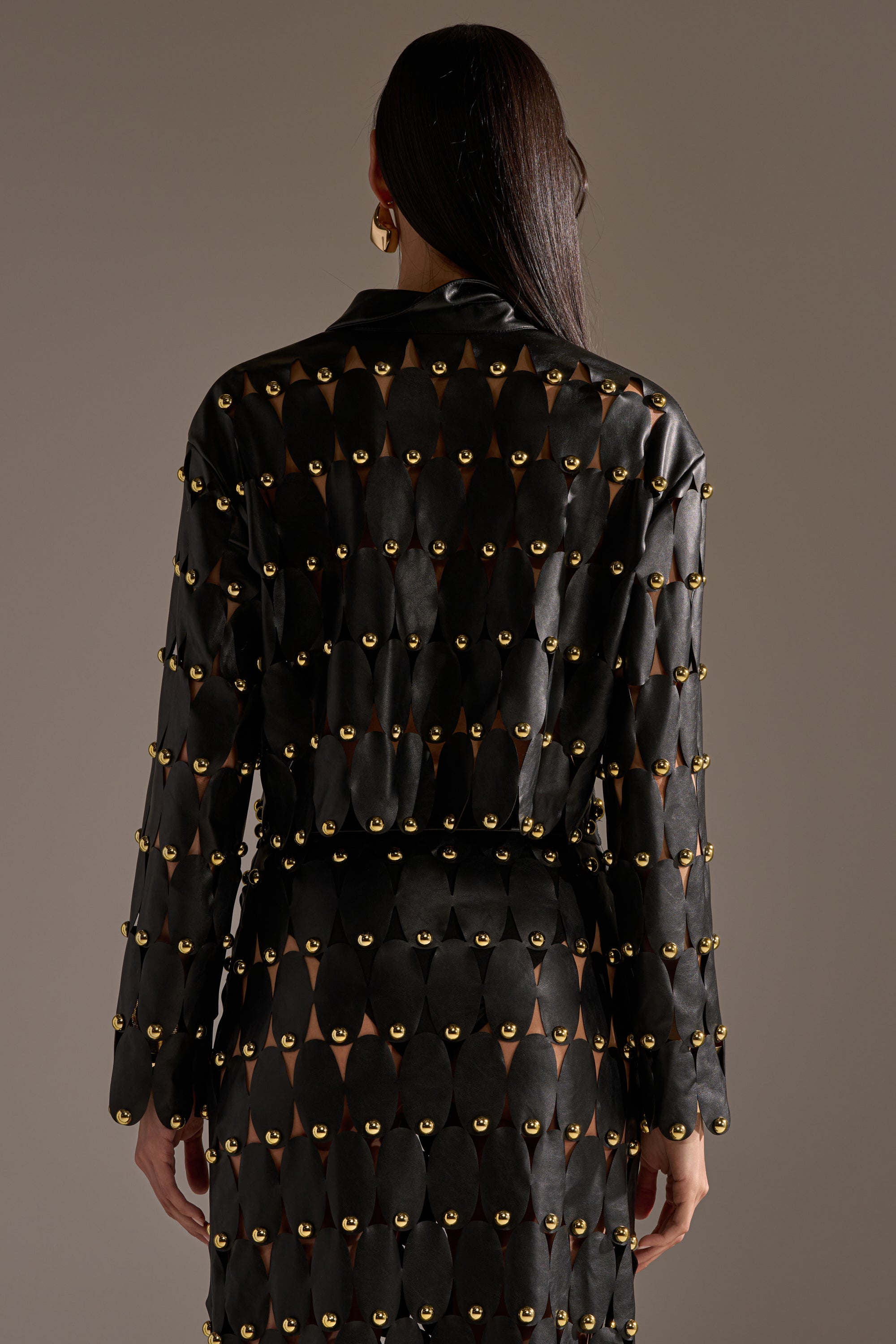 THE SNEAK PEEK STUDDED PU BLOUSE IN BLACK