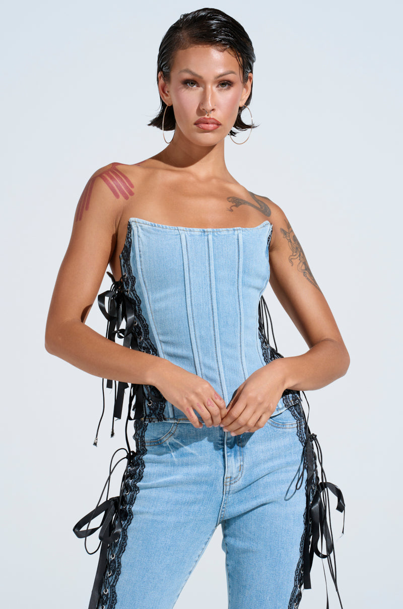 TICKED AND TIED LACE DETAIL DENIM CORSET