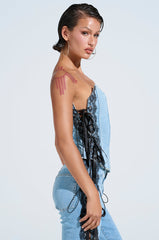TICKED AND TIED LACE DETAIL DENIM CORSET