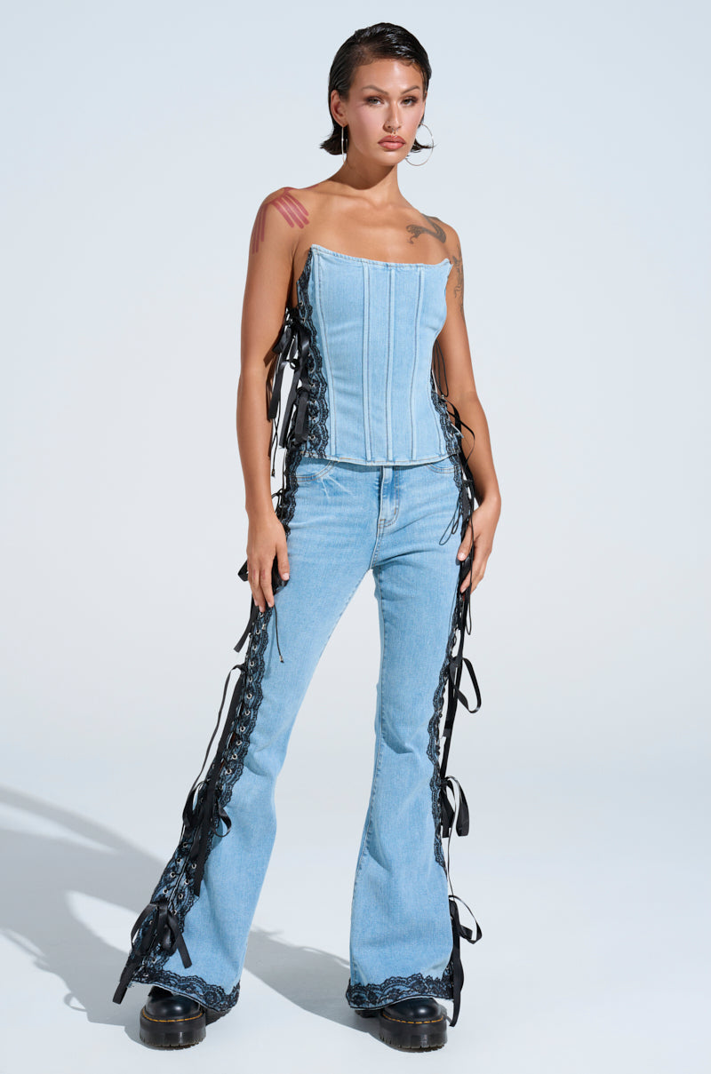 TICKED AND TIED LACE DETAIL DENIM CORSET