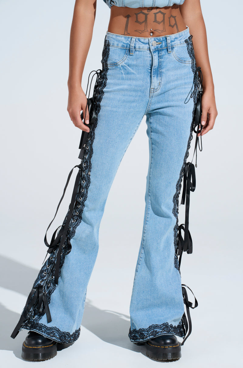 TICKED AND TIED LACE AND BOW DETAIL DENIM PANTS