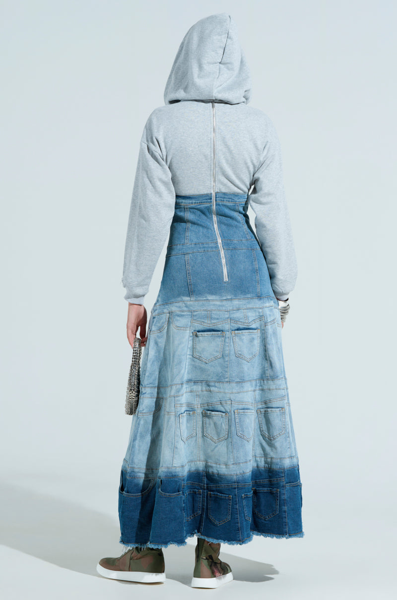 DENIM ON DENIM LAYERED MAXI DRESS WITH HOOD