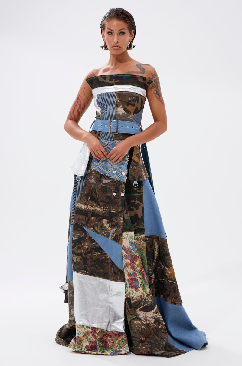 STRAPLESS TRENCH MAXI DRESS WITH PATCHWORK DETAIL