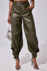 STUDDED FAUX LEATHER BELTED PANT
