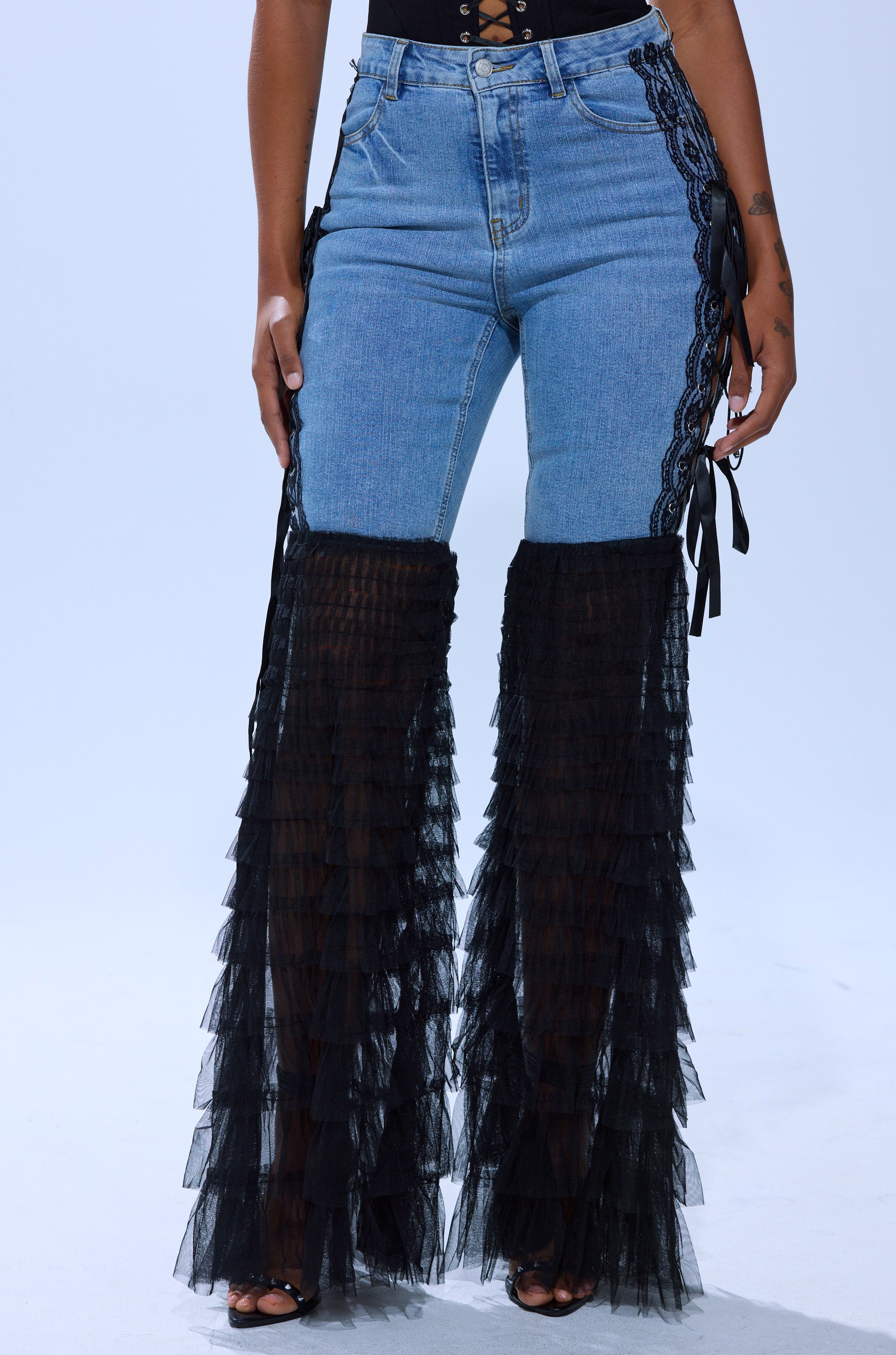 CAN'T DECIDE TULLE AND LACE DENIM JEANS