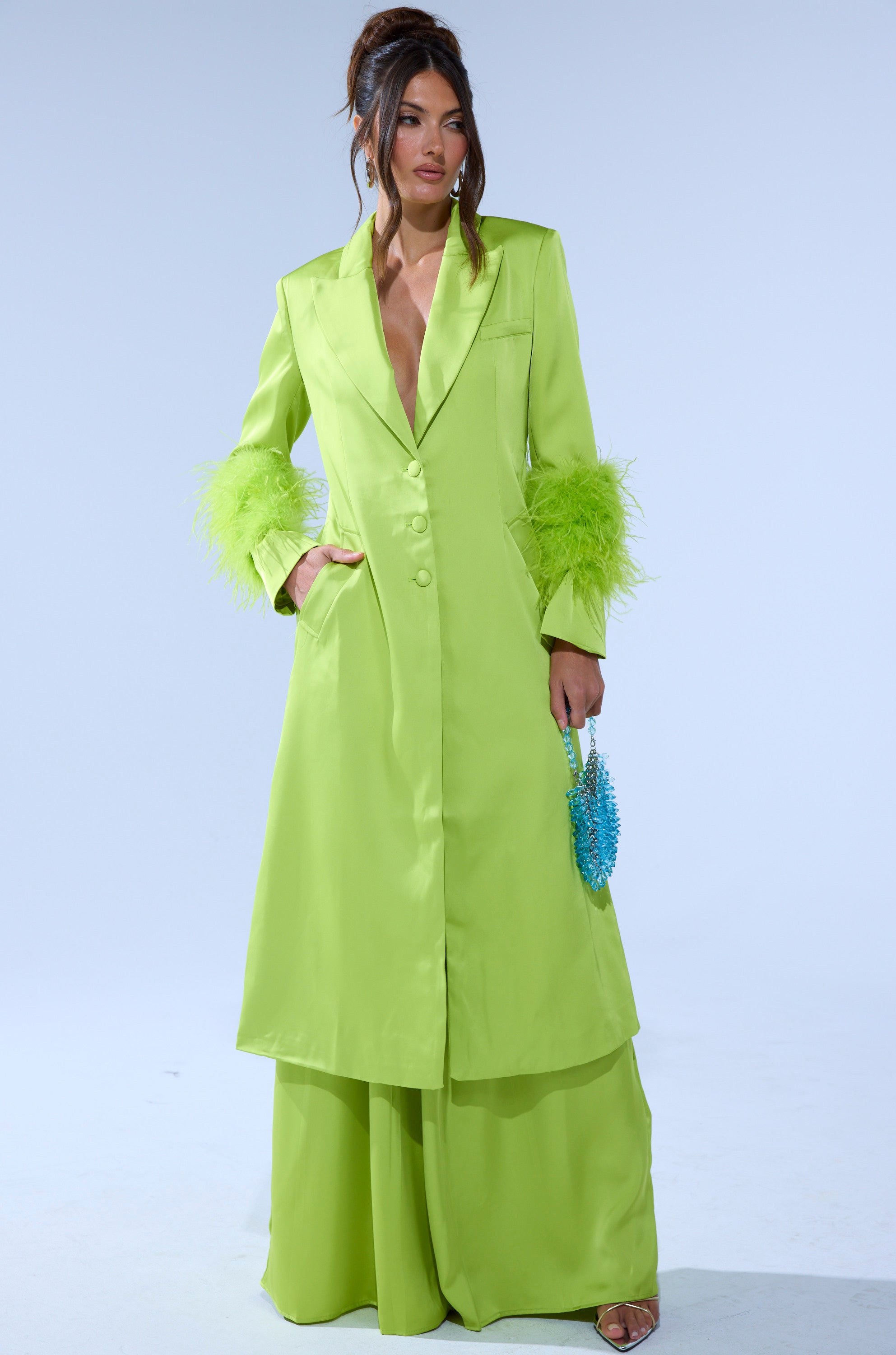 CHARTREUSE FEATHER TRIM TRENCH