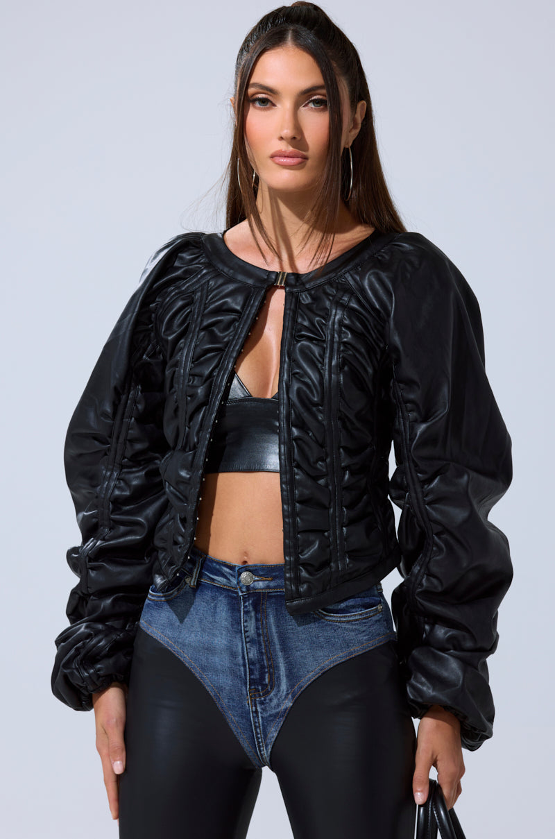 FAUX LEATHER CORSETED MOTO JACKET