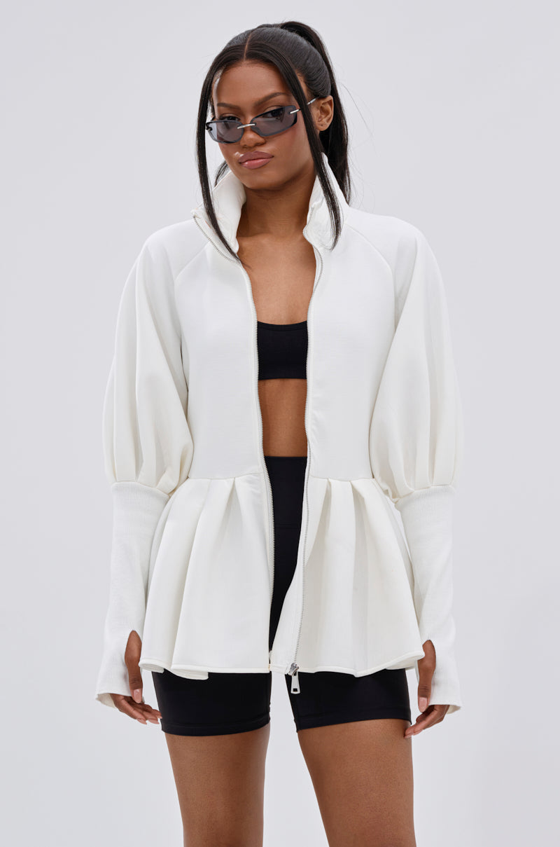 TWIN FLAME PEPLUM BOMBER IN WHITE