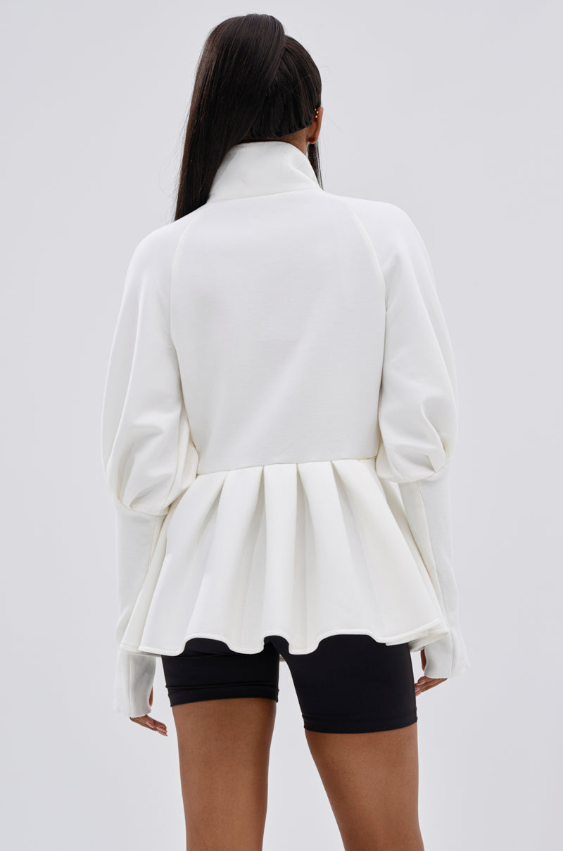 TWIN FLAME PEPLUM BOMBER IN WHITE