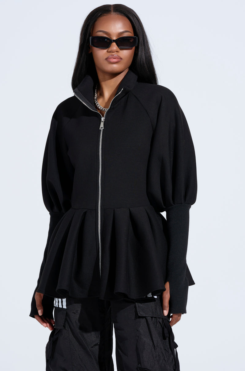 TWIN FLAME PEPLUM BOMBER IN BLACK